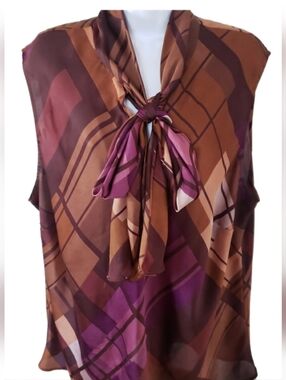 Nine West, Sleeveless Brown & Purple Geometric Tie-Neck Top, Size 24